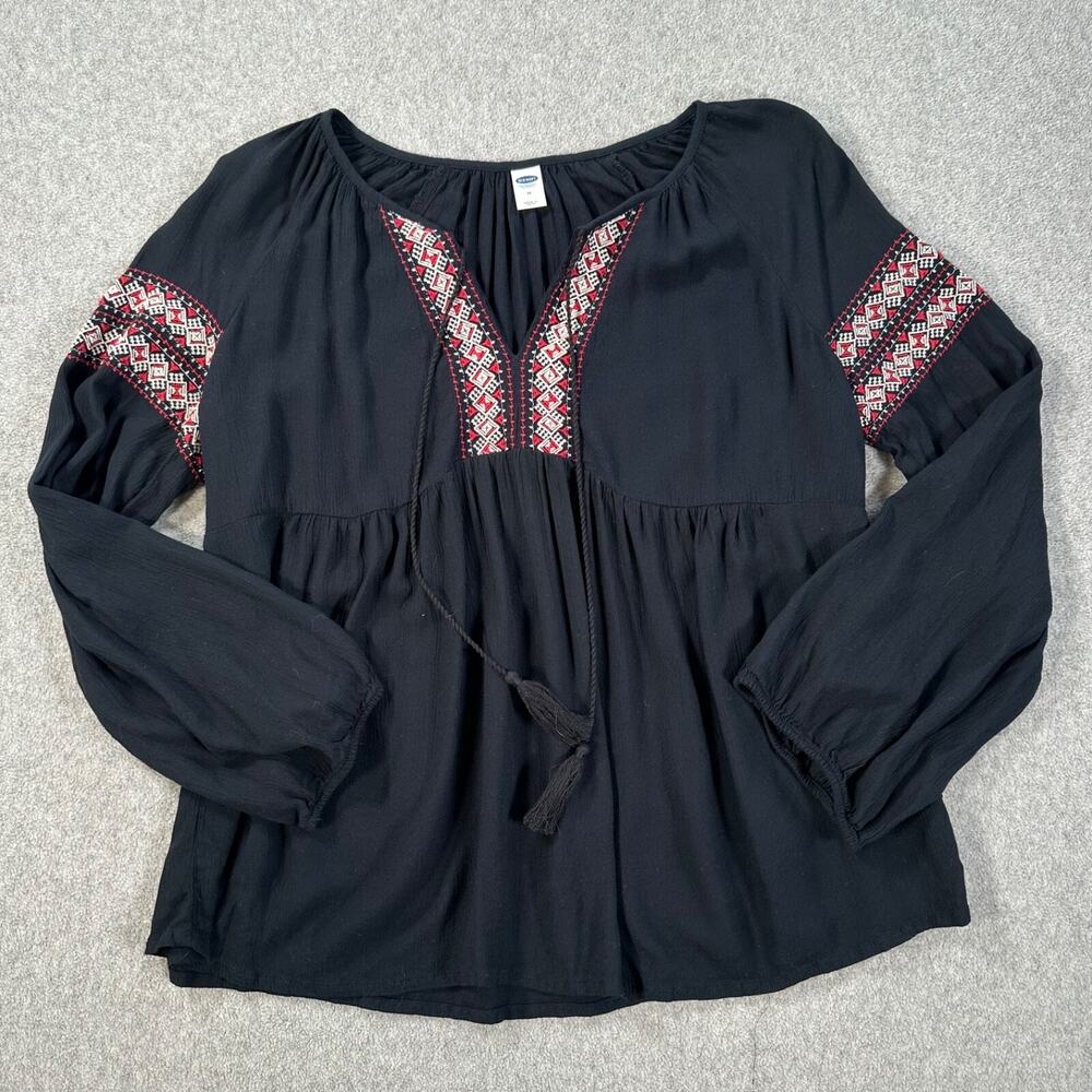 Old Navy Black Peasant Blouse with Red & White Embroidered Accents